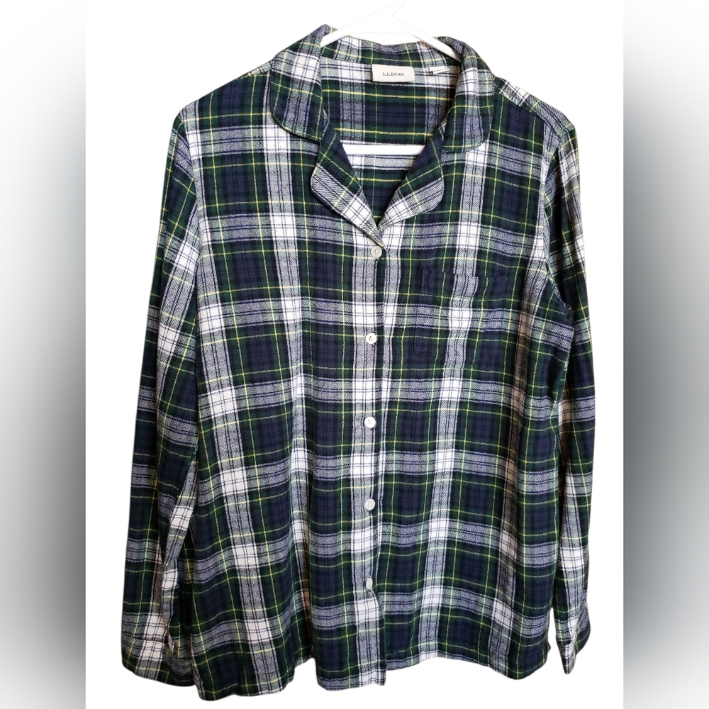 LL Bean Flannel Pajama Top Women's Small Sleepwear Blue Scotch Plaid Tartan Cozy